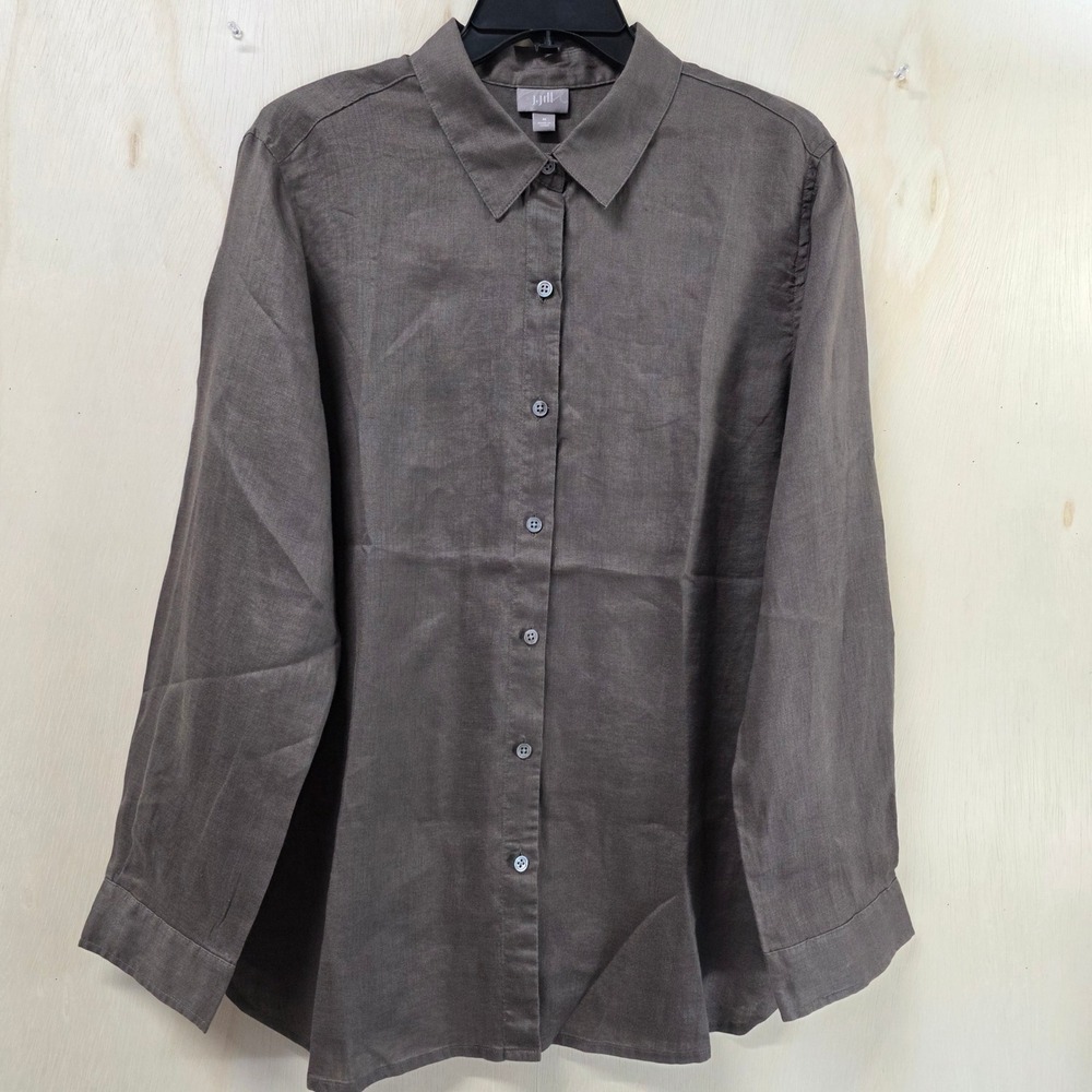 J. Jill Womens Medium Brown Charcoal 100% Linen Long Sleeve Button Down Shirt